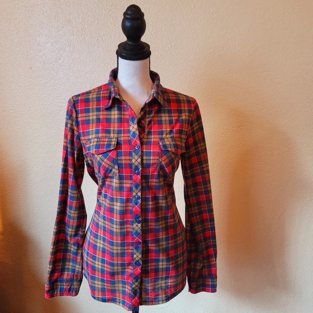 Urban Girl Plaid Button-Up Shirt - Red Gold Navy Medium Urban Outfitters